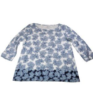 Talbots Women Blue Paisley Print Casual Cotton Blend 3/4 Sleeve Top Size M